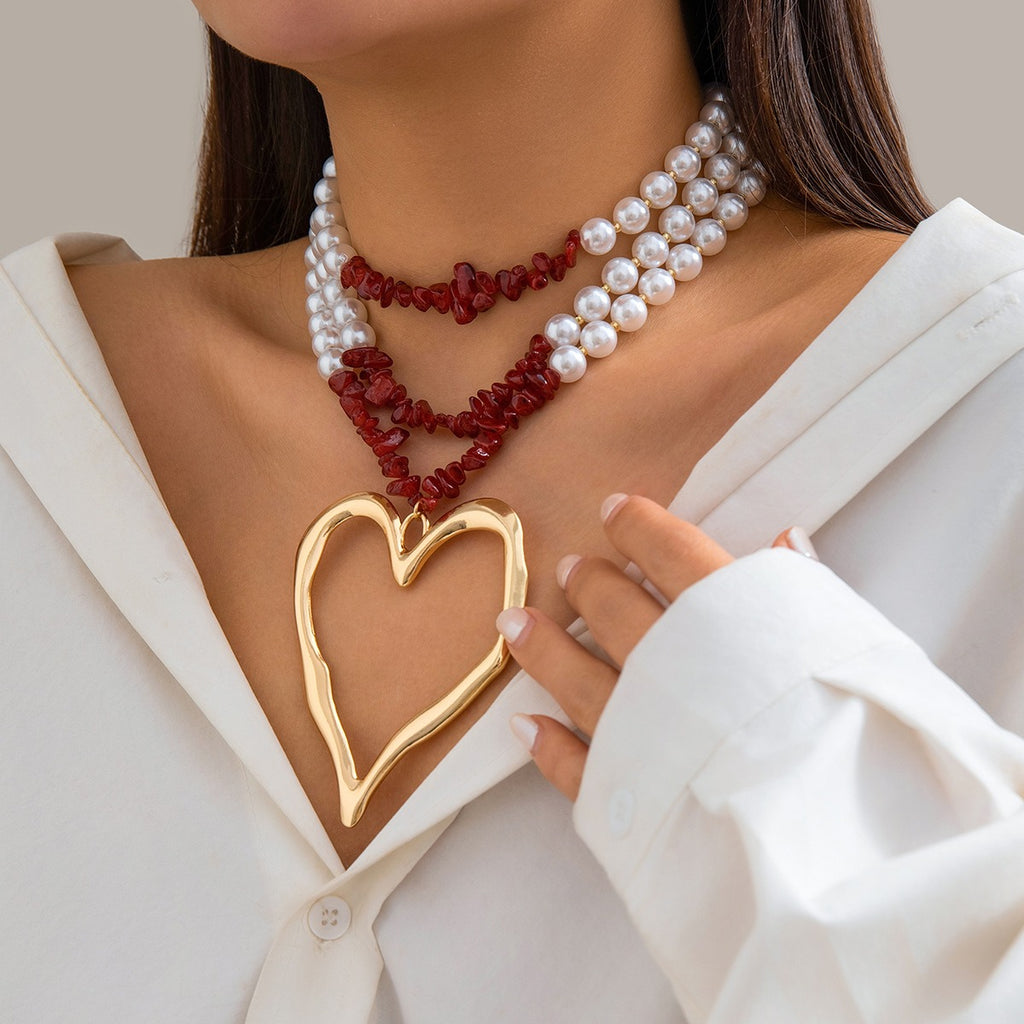 European and American retro multi-layered big love turquoise necklace niche beaded imitation pearl jewelry