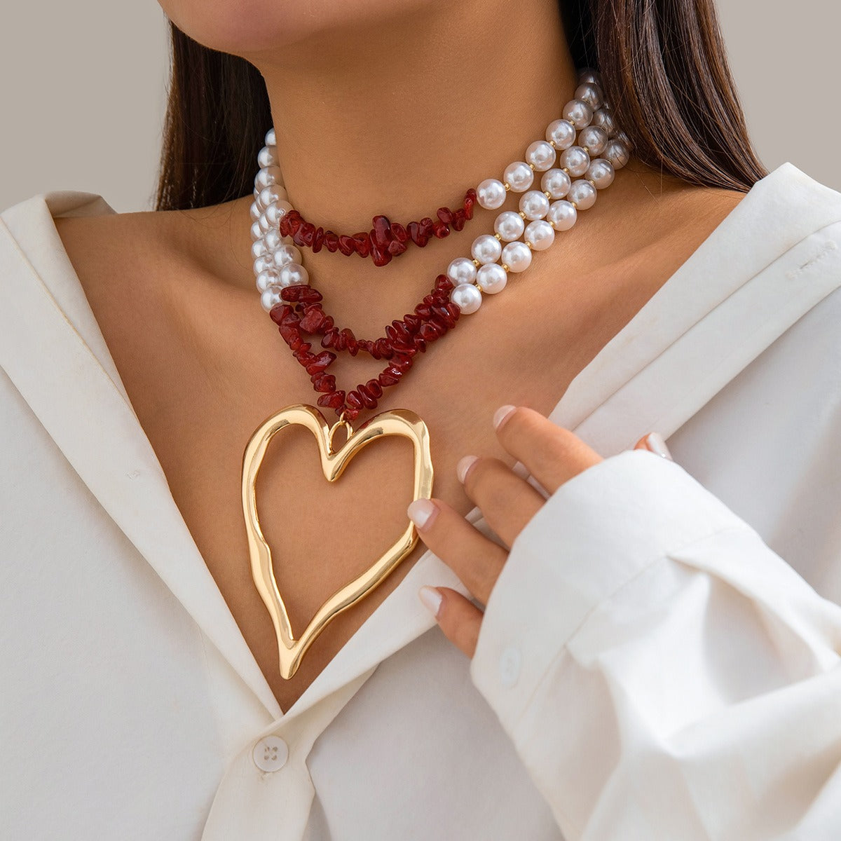 European and American retro multi-layered big love turquoise necklace niche beaded imitation pearl jewelry