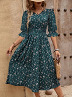 Smocked Waist Floral Flounce Sleeve Midi Dress