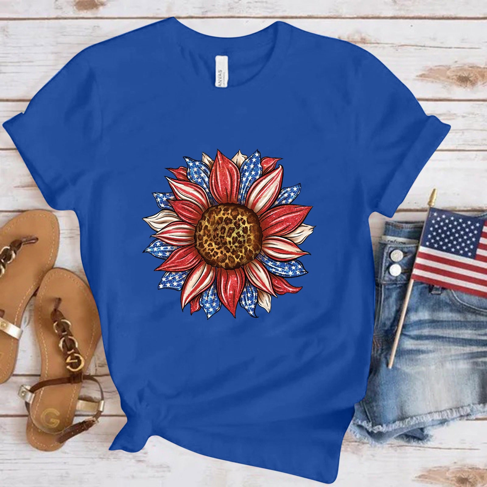 Independence Day Sunflower Print USA July 4th Fashion Short Sleeve T-shirt Unisex
