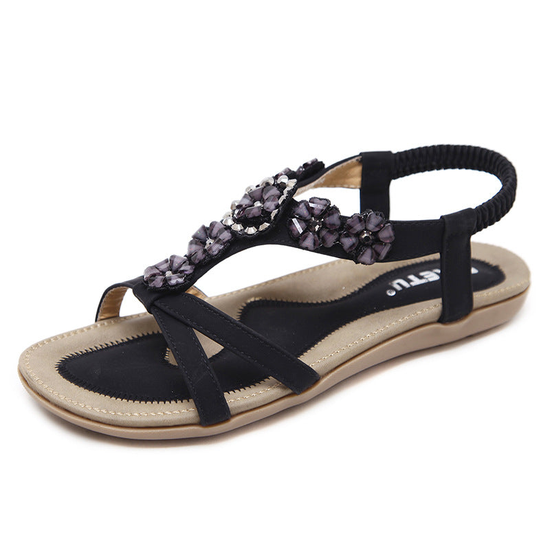 Summer Sweet Sandals Women's Bohemian Flower Rhinestones Large Size Flat Shoes Beach Shoes