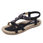 Summer Sweet Sandals Women's Bohemian Flower Rhinestones Large Size Flat Shoes Beach Shoes