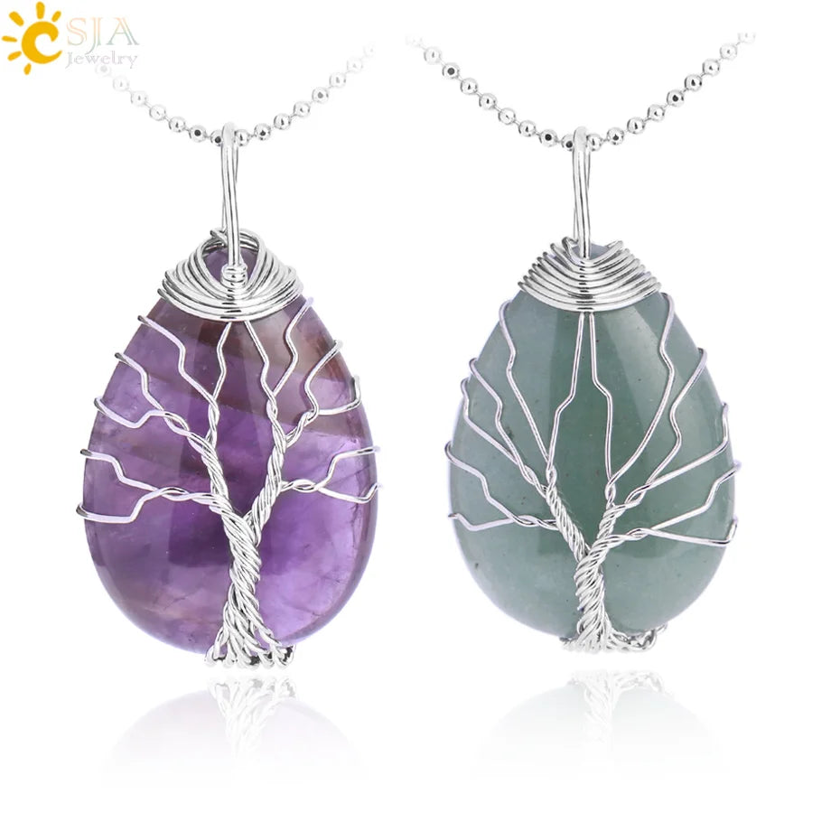 Women's CSJA Tree of Life Necklace Natural Stone Pendant Gold Color Wire Wrap Gem Pink Quartz Tiger Eye Green Aventurine