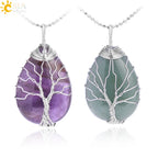 Women's CSJA Tree of Life Necklace Natural Stone Pendant Gold Color Wire Wrap Gem Pink Quartz Tiger Eye Green Aventurine