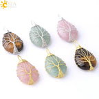 Women's CSJA Tree of Life Necklace Natural Stone Pendant Gold Color Wire Wrap Gem Pink Quartz Tiger Eye Green Aventurine