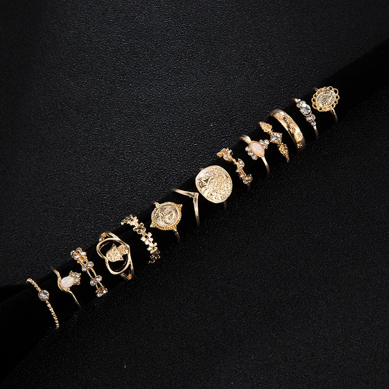 Tocona 15 Pcs/set Boho Virgin Mary Gold Rings for Women Heart Fatima Hands Anillos Cross Leaf Geometric Kольцо Jewelry 7056
