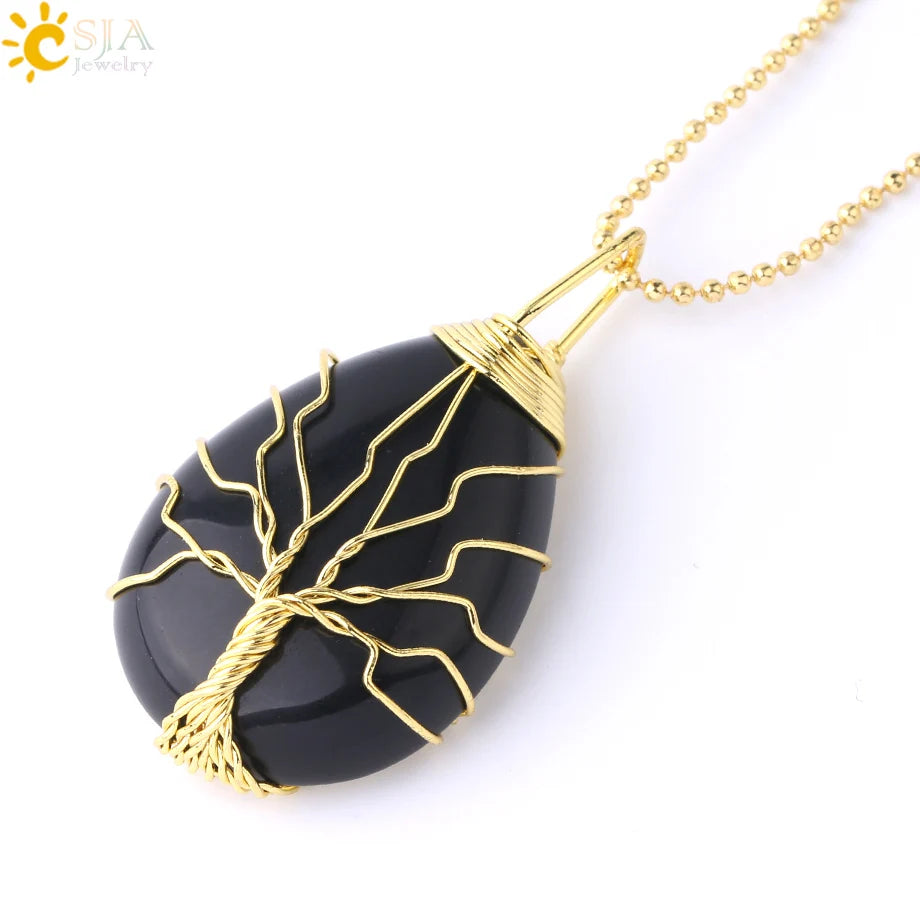 Women's CSJA Tree of Life Necklace Natural Stone Pendant Gold Color Wire Wrap Gem Pink Quartz Tiger Eye Green Aventurine