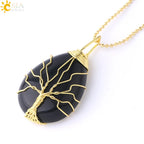 Women's CSJA Tree of Life Necklace Natural Stone Pendant Gold Color Wire Wrap Gem Pink Quartz Tiger Eye Green Aventurine