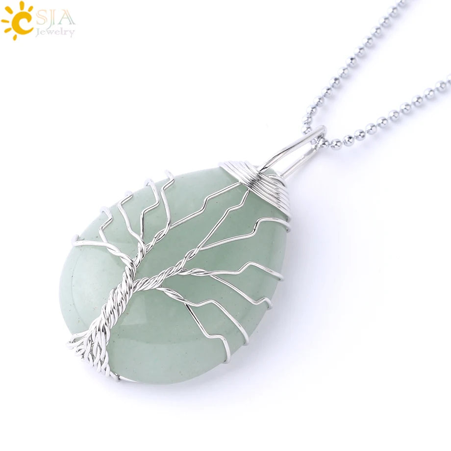 Women's CSJA Tree of Life Necklace Natural Stone Pendant Gold Color Wire Wrap Gem Pink Quartz Tiger Eye Green Aventurine