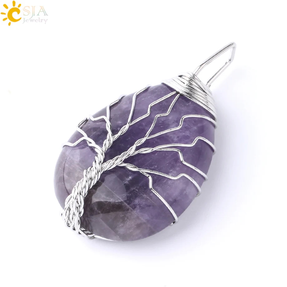 Women's CSJA Tree of Life Necklace Natural Stone Pendant Gold Color Wire Wrap Gem Pink Quartz Tiger Eye Green Aventurine