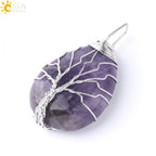 Women's CSJA Tree of Life Necklace Natural Stone Pendant Gold Color Wire Wrap Gem Pink Quartz Tiger Eye Green Aventurine