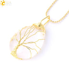 Women's CSJA Tree of Life Necklace Natural Stone Pendant Gold Color Wire Wrap Gem Pink Quartz Tiger Eye Green Aventurine