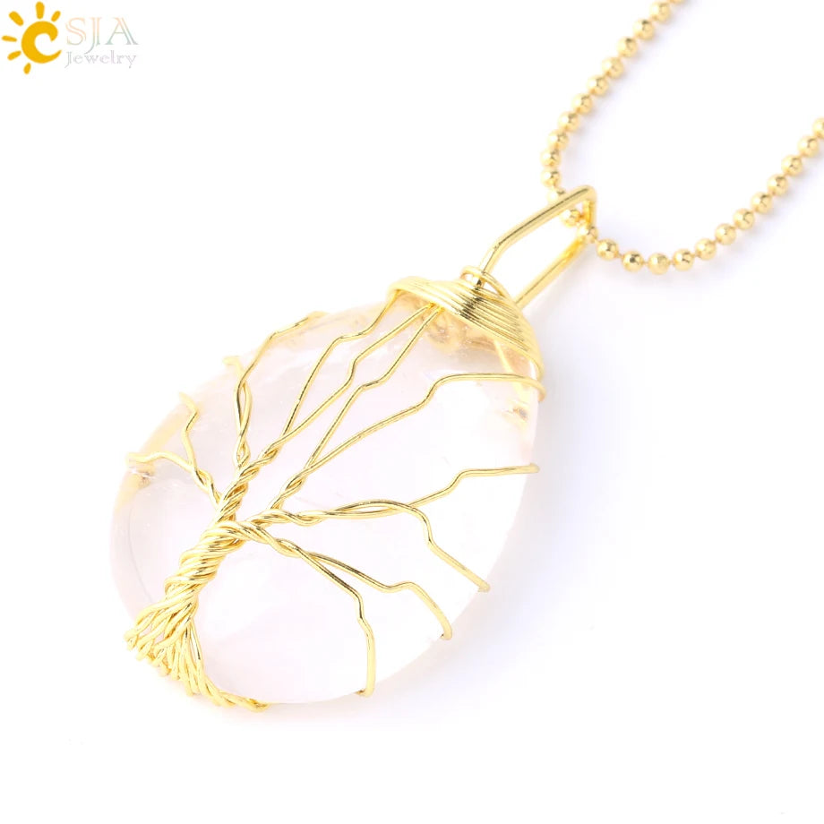 Women's CSJA Tree of Life Necklace Natural Stone Pendant Gold Color Wire Wrap Gem Pink Quartz Tiger Eye Green Aventurine