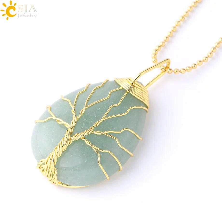 Women's CSJA Tree of Life Necklace Natural Stone Pendant Gold Color Wire Wrap Gem Pink Quartz Tiger Eye Green Aventurine