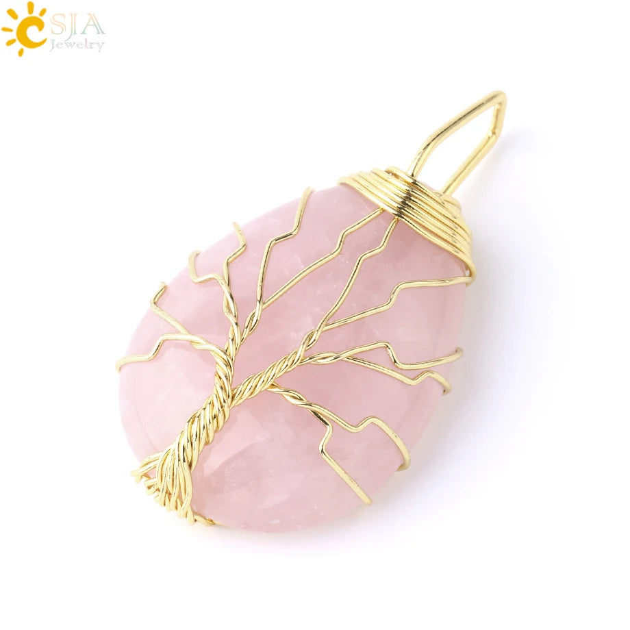 Women's CSJA Tree of Life Necklace Natural Stone Pendant Gold Color Wire Wrap Gem Pink Quartz Tiger Eye Green Aventurine