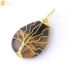 Women's CSJA Tree of Life Necklace Natural Stone Pendant Gold Color Wire Wrap Gem Pink Quartz Tiger Eye Green Aventurine