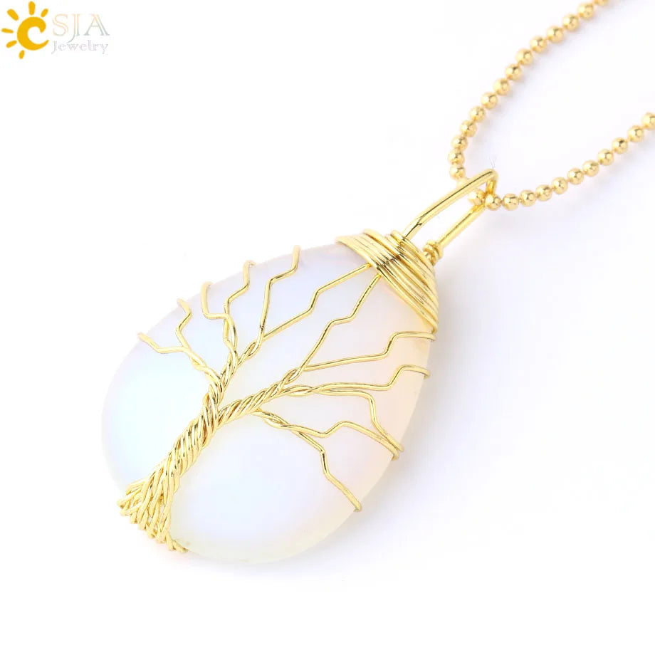 Women's CSJA Tree of Life Necklace Natural Stone Pendant Gold Color Wire Wrap Gem Pink Quartz Tiger Eye Green Aventurine
