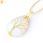 Women's CSJA Tree of Life Necklace Natural Stone Pendant Gold Color Wire Wrap Gem Pink Quartz Tiger Eye Green Aventurine