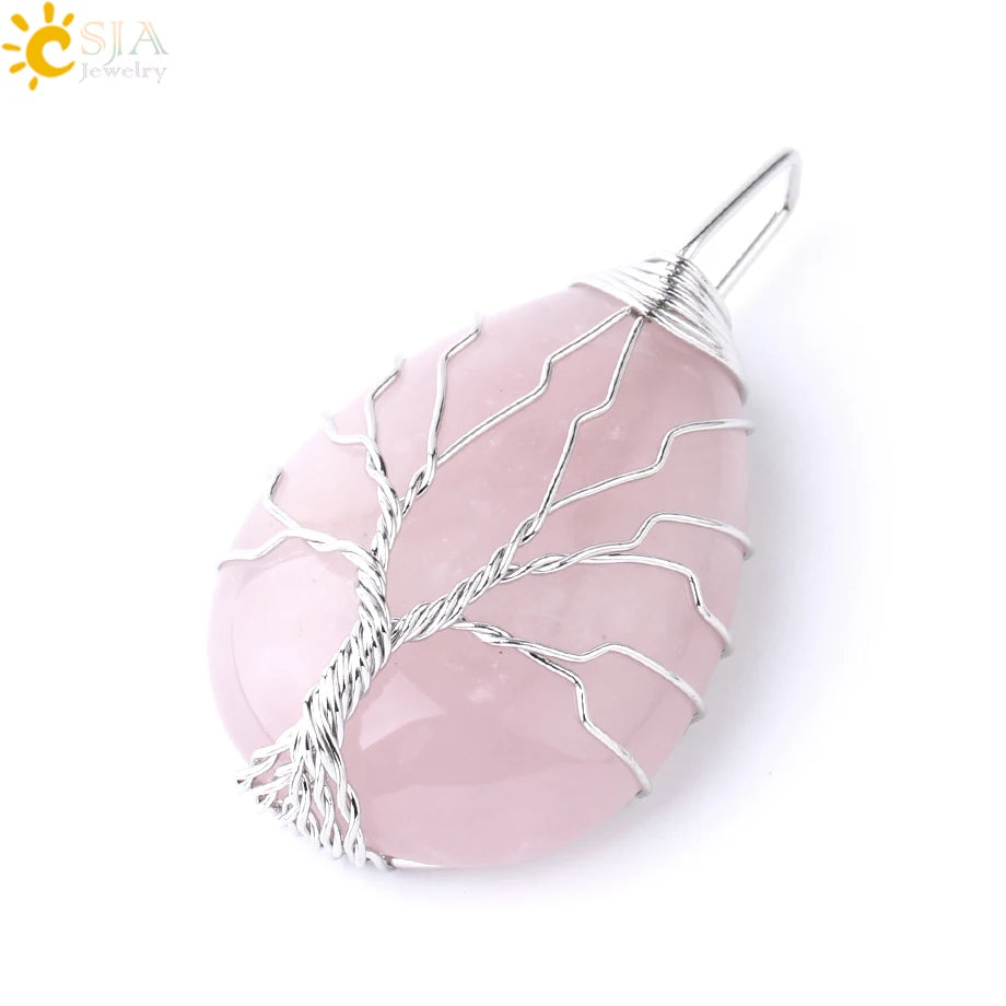 Women's CSJA Tree of Life Necklace Natural Stone Pendant Gold Color Wire Wrap Gem Pink Quartz Tiger Eye Green Aventurine