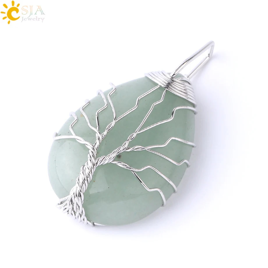 Women's CSJA Tree of Life Necklace Natural Stone Pendant Gold Color Wire Wrap Gem Pink Quartz Tiger Eye Green Aventurine