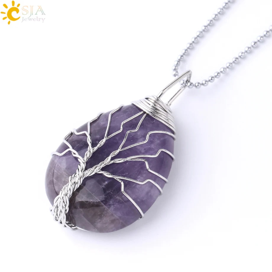 Women's CSJA Tree of Life Necklace Natural Stone Pendant Gold Color Wire Wrap Gem Pink Quartz Tiger Eye Green Aventurine