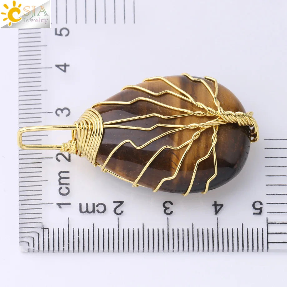 Women's CSJA Tree of Life Necklace Natural Stone Pendant Gold Color Wire Wrap Gem Pink Quartz Tiger Eye Green Aventurine
