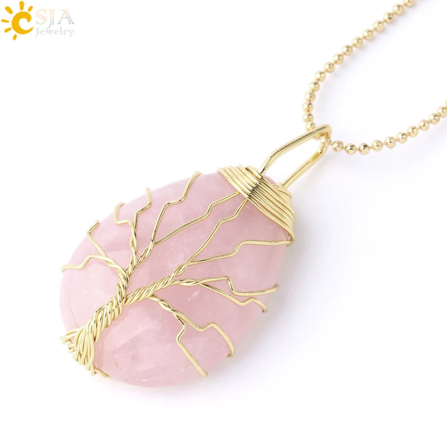 Women's CSJA Tree of Life Necklace Natural Stone Pendant Gold Color Wire Wrap Gem Pink Quartz Tiger Eye Green Aventurine