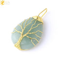 Women's CSJA Tree of Life Necklace Natural Stone Pendant Gold Color Wire Wrap Gem Pink Quartz Tiger Eye Green Aventurine