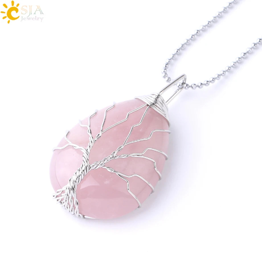 Women's CSJA Tree of Life Necklace Natural Stone Pendant Gold Color Wire Wrap Gem Pink Quartz Tiger Eye Green Aventurine