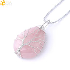 Women's CSJA Tree of Life Necklace Natural Stone Pendant Gold Color Wire Wrap Gem Pink Quartz Tiger Eye Green Aventurine