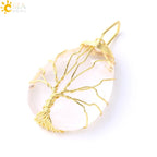 Women's CSJA Tree of Life Necklace Natural Stone Pendant Gold Color Wire Wrap Gem Pink Quartz Tiger Eye Green Aventurine