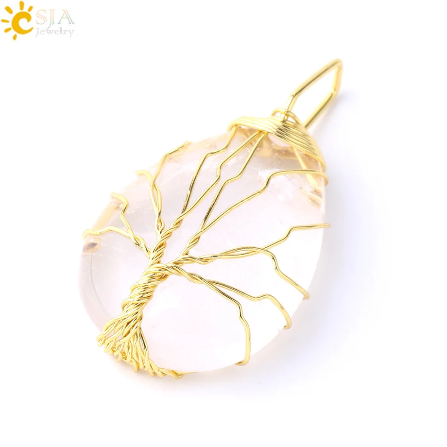 Women's CSJA Tree of Life Necklace Natural Stone Pendant Gold Color Wire Wrap Gem Pink Quartz Tiger Eye Green Aventurine