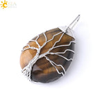 Women's CSJA Tree of Life Necklace Natural Stone Pendant Gold Color Wire Wrap Gem Pink Quartz Tiger Eye Green Aventurine