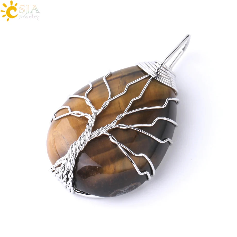Women's CSJA Tree of Life Necklace Natural Stone Pendant Gold Color Wire Wrap Gem Pink Quartz Tiger Eye Green Aventurine