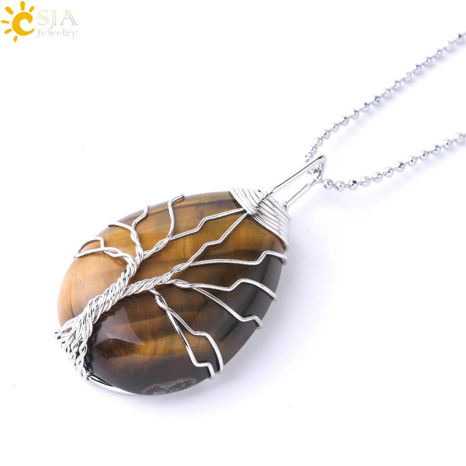 Women's CSJA Tree of Life Necklace Natural Stone Pendant Gold Color Wire Wrap Gem Pink Quartz Tiger Eye Green Aventurine