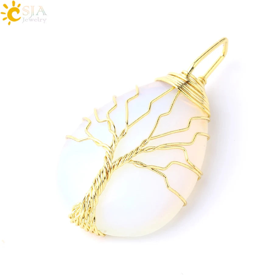 Women's CSJA Tree of Life Necklace Natural Stone Pendant Gold Color Wire Wrap Gem Pink Quartz Tiger Eye Green Aventurine