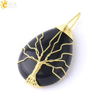 Women's CSJA Tree of Life Necklace Natural Stone Pendant Gold Color Wire Wrap Gem Pink Quartz Tiger Eye Green Aventurine