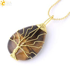 Women's CSJA Tree of Life Necklace Natural Stone Pendant Gold Color Wire Wrap Gem Pink Quartz Tiger Eye Green Aventurine