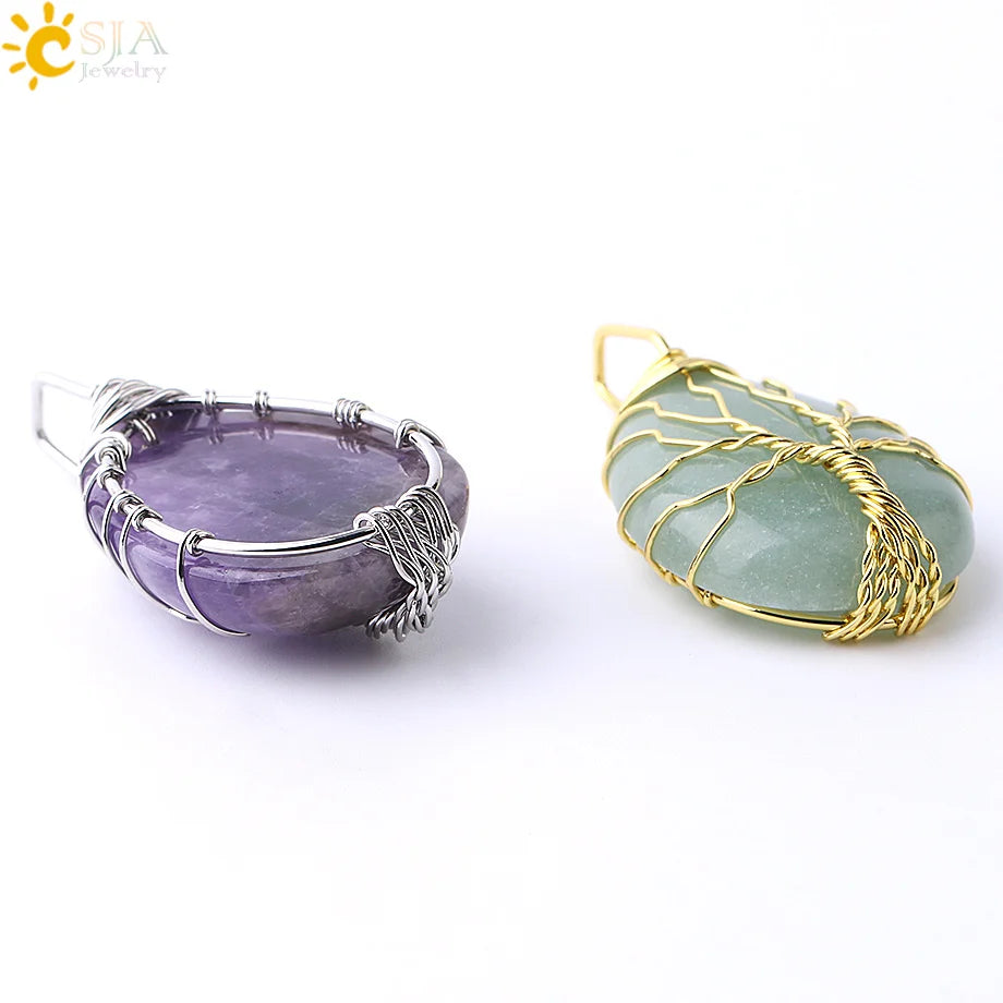 Women's CSJA Tree of Life Necklace Natural Stone Pendant Gold Color Wire Wrap Gem Pink Quartz Tiger Eye Green Aventurine