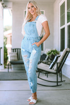 Sky Blue Constructed Bib Pocket Distressed Denim Overalls