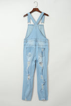 Sky Blue Constructed Bib Pocket Distressed Denim Overalls