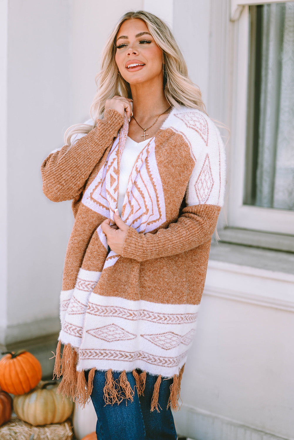 Women's Brown Western Furry Knit Tassel Hem Cardigan