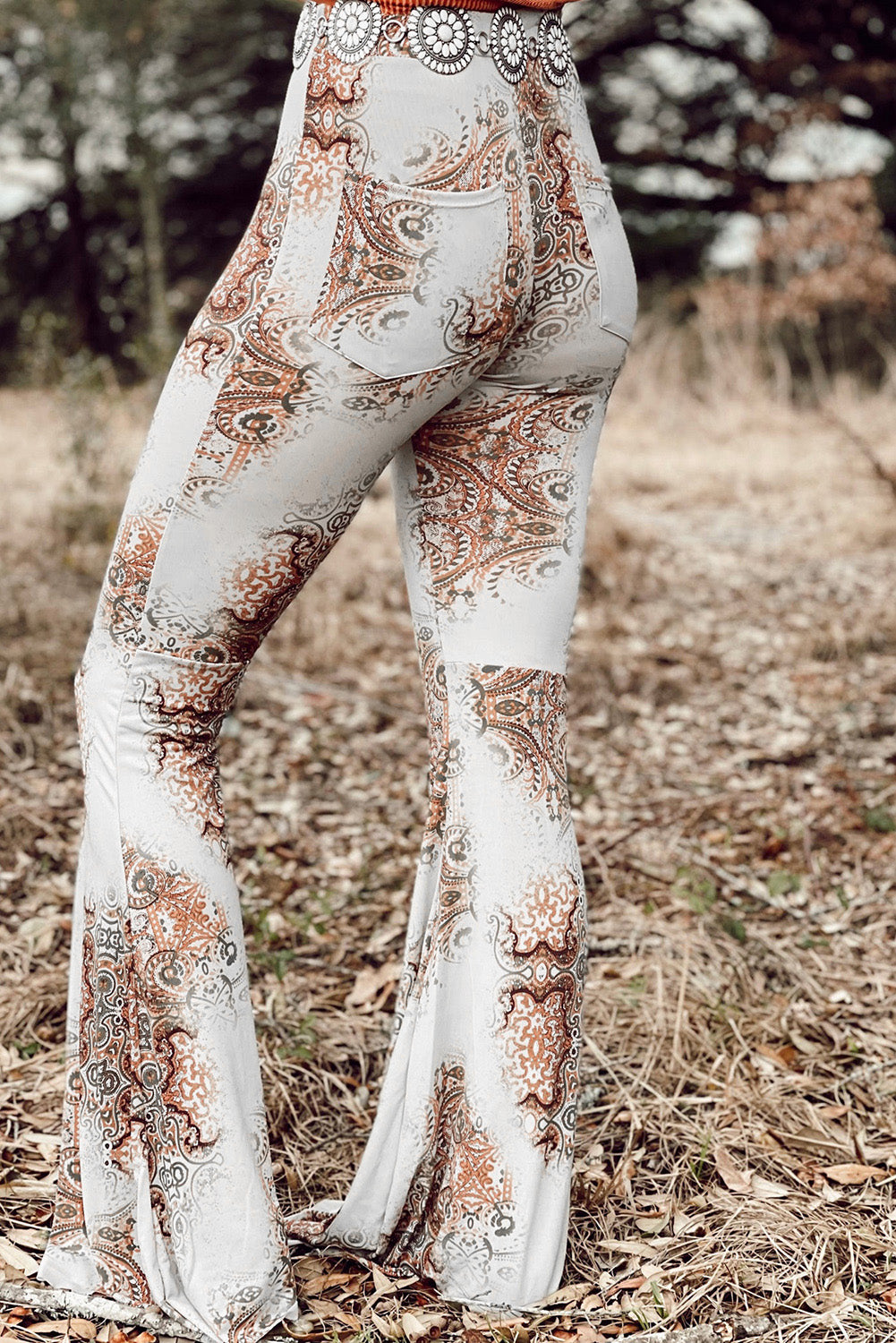 Women's White Western Vintage Print High Waist Bell Pants