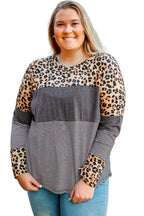 Leopard Plus Size Cow/Leopard Stripes Patchwork Long Sleeve Tee