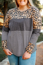 Leopard Plus Size Cow/Leopard Stripes Patchwork Long Sleeve Tee