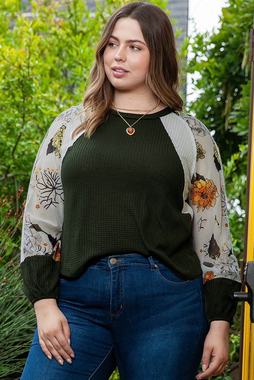 Green Plus Size Floral Raglan Colorblock Patchwork Knit Blouse