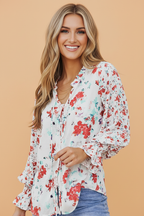 Boho Floral Smocked Puff Sleeve Blouse