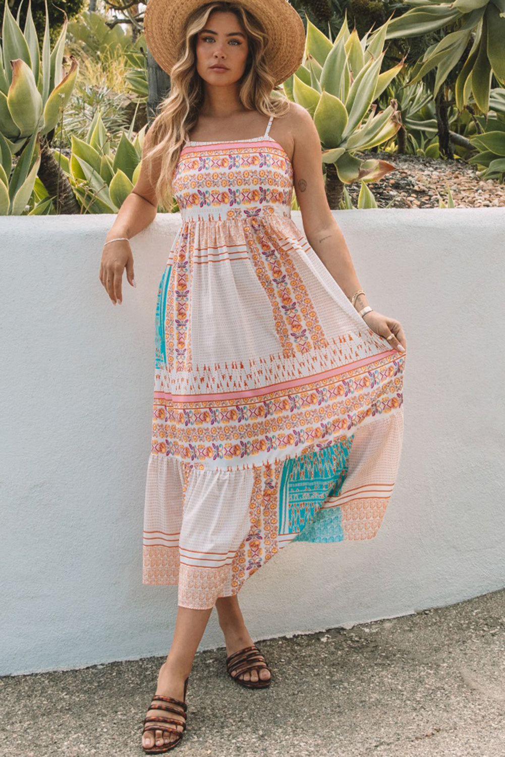 Women's Multicolor Boho Patchwork Print Square Neck Sundress