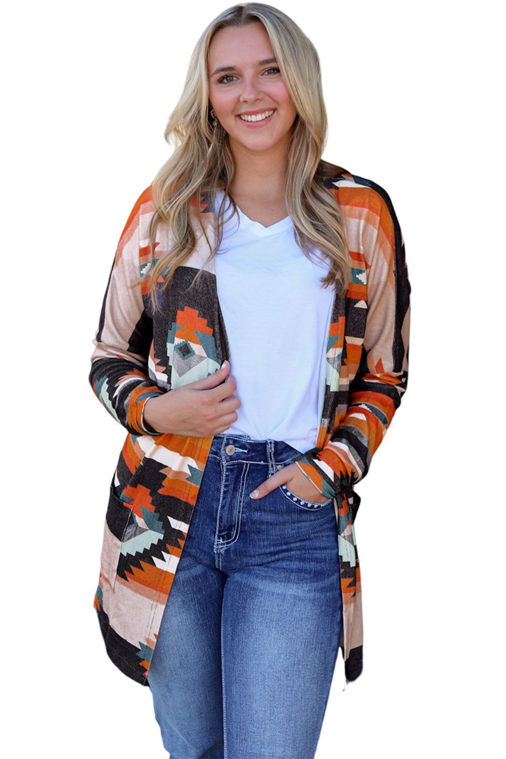 Western Tribal Aztec Print Cardigan Orange