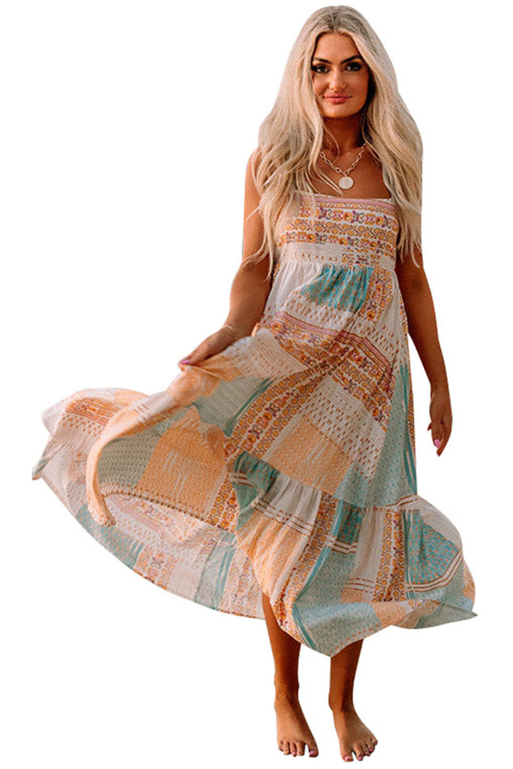 Women's Multicolor Boho Patchwork Print Square Neck Sundress